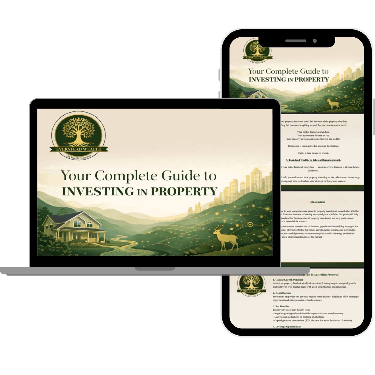 property-portfolio-management-digital-guide Digital mockups of a laptop and phone displaying Everstead’s property investment guide, illustrating a seamless financial ecosystem for property owners.
